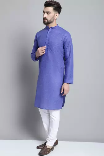 Men blue solid cotton kurta pajama