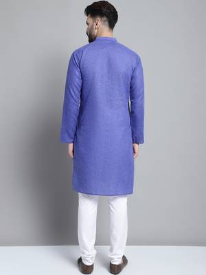 Men blue solid cotton kurta pajama 4