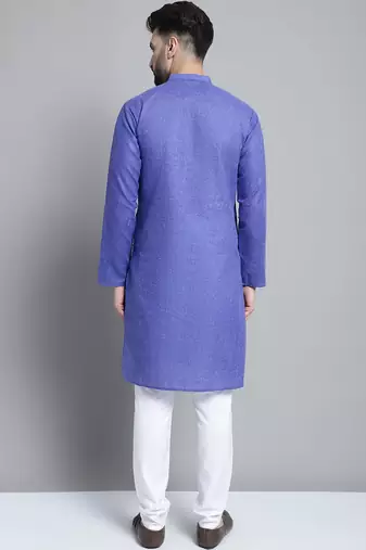 Men blue solid cotton kurta pajama