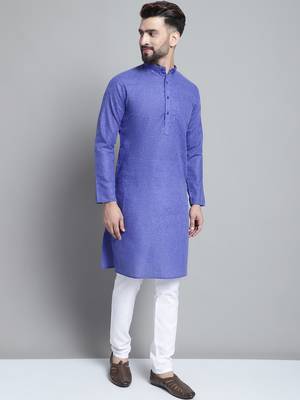 Men blue solid cotton kurta pajama 5