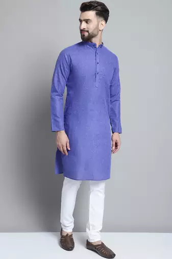 Men blue solid cotton kurta pajama