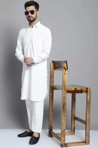 Men white solid cotton kurta pajama