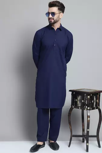 Men blue solid cotton kurta pajama