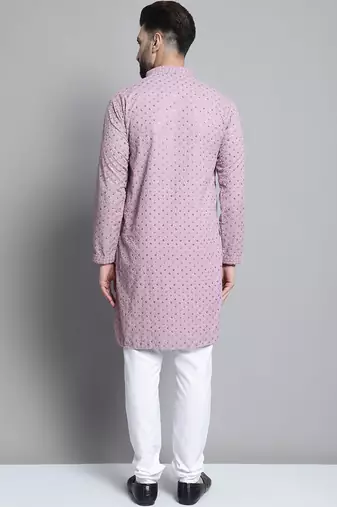 Men purple embroidered cotton kurta pajama