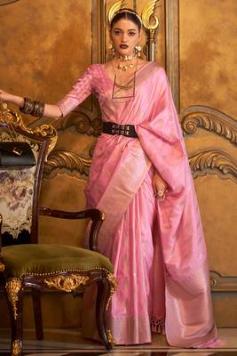 Baby Pink Silk Designer Border And Pallu With Blouse And Saree For Women 1