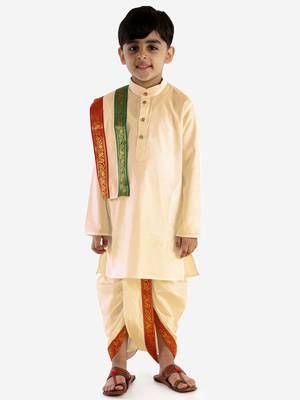 Boys Cream Cotton Blend Kurta Dhoti And Dupatta 6