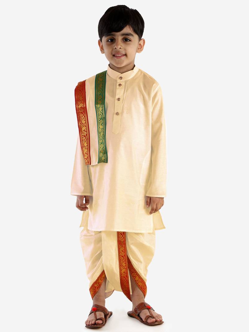 Boys Cream Cotton Blend Kurta Dhoti And Dupatta
