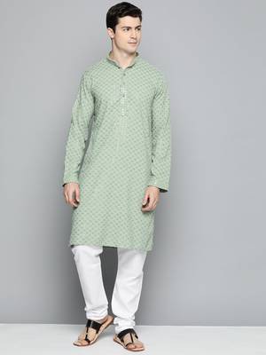 Men green embroidered cotton kurta pajama 1