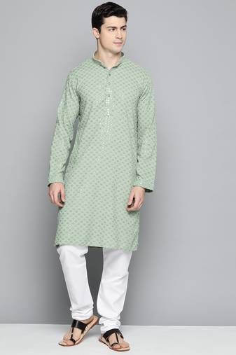 Men green embroidered cotton kurta pajama