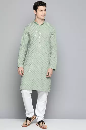Men green embroidered cotton kurta pajama