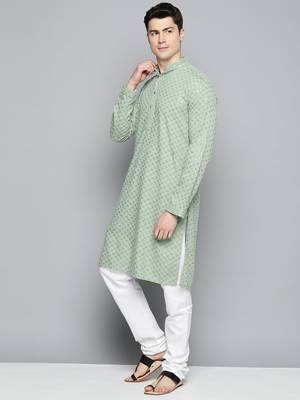 Men green embroidered cotton kurta pajama 2