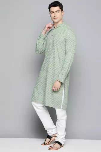 Men green embroidered cotton kurta pajama