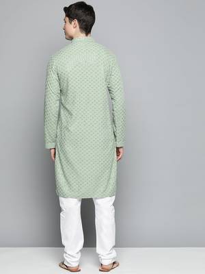 Men green embroidered cotton kurta pajama 4