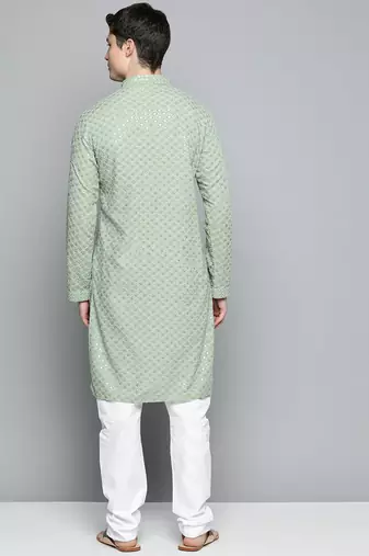 Men green embroidered cotton kurta pajama