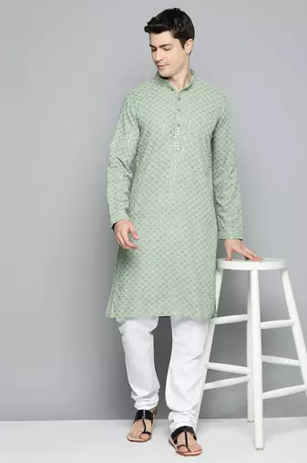 Men green embroidered cotton kurta pajama