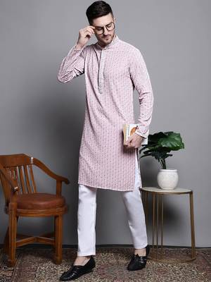 Men pink embroidered cotton kurta pajama 1