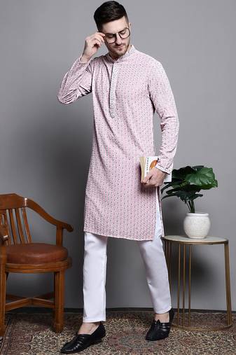 Men pink embroidered cotton kurta pajama