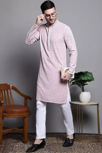 Men pink embroidered cotton kurta pajama
