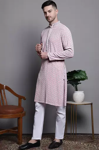 Men pink embroidered cotton kurta pajama