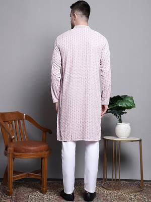 Men pink embroidered cotton kurta pajama 4