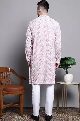 Men pink embroidered cotton kurta pajama