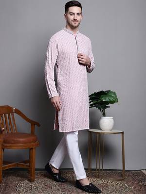 Men pink embroidered cotton kurta pajama 5