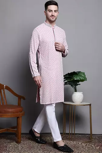 Men pink embroidered cotton kurta pajama