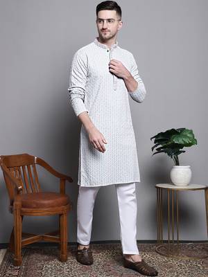 Men blue embroidered cotton kurta pajama 1