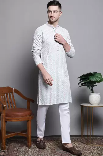 Men blue embroidered cotton kurta pajama