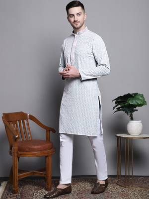 Men blue embroidered cotton kurta pajama 2