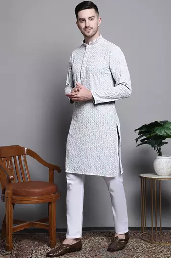 Men blue embroidered cotton kurta pajama