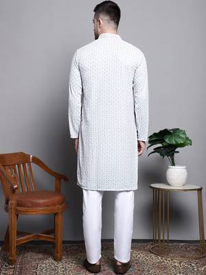 Men blue embroidered cotton kurta pajama 4