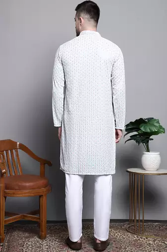 Men blue embroidered cotton kurta pajama