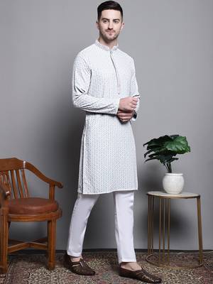 Men blue embroidered cotton kurta pajama 5