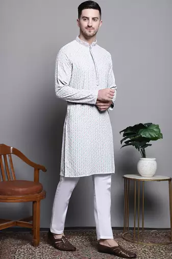 Men blue embroidered cotton kurta pajama