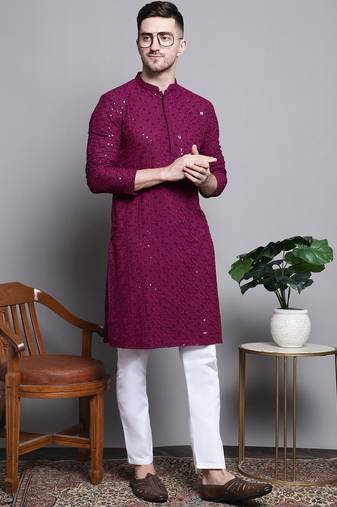 Men purple embroidered cotton kurta pajama