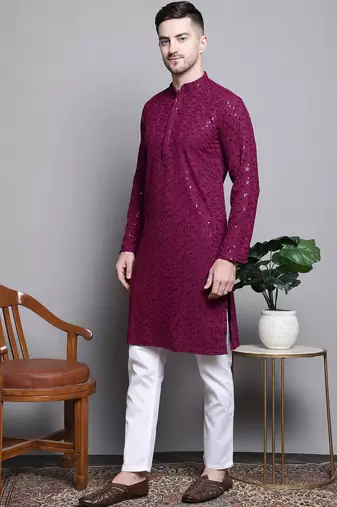 Men purple embroidered cotton kurta pajama