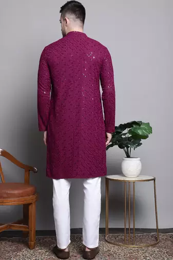 Men purple embroidered cotton kurta pajama