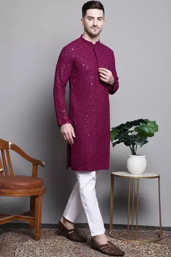 Men purple embroidered cotton kurta pajama