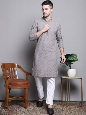 Men grey embroidered cotton kurta pajama 1
