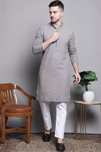 Men grey embroidered cotton kurta pajama