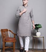 Men grey embroidered cotton kurta pajama