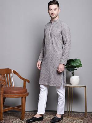 Men grey embroidered cotton kurta pajama 2