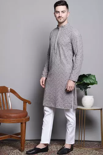 Men grey embroidered cotton kurta pajama