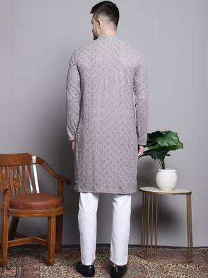Men grey embroidered cotton kurta pajama 4