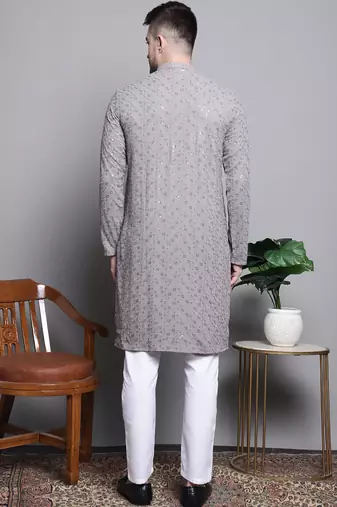 Men grey embroidered cotton kurta pajama