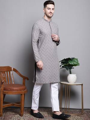 Men grey embroidered cotton kurta pajama 5