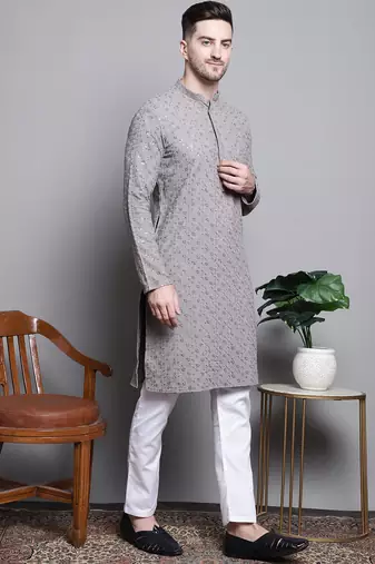 Men grey embroidered cotton kurta pajama