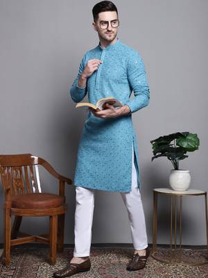 Men blue embroidered cotton kurta pajama 1