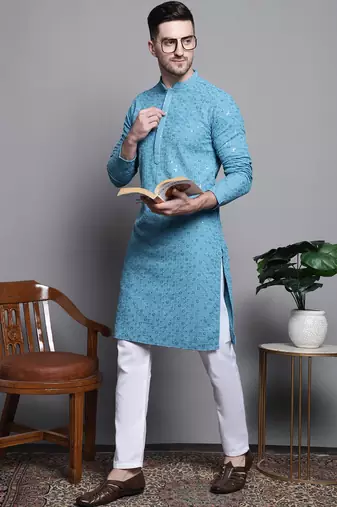 Men blue embroidered cotton kurta pajama